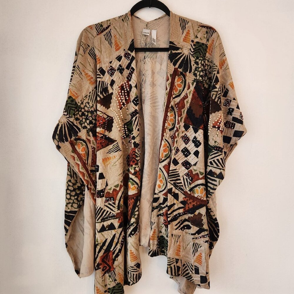 Chico's Beaded Cardigan Wrap Poncho Shawl Stretch Geometric Sweater OS